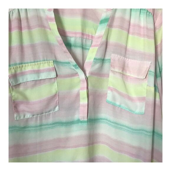 Torrid Harper Georgette Top Size 2 Pastel Stripe 3/4 Sleeve Roll Tab Sheer Tunic - Picture 3 of 13